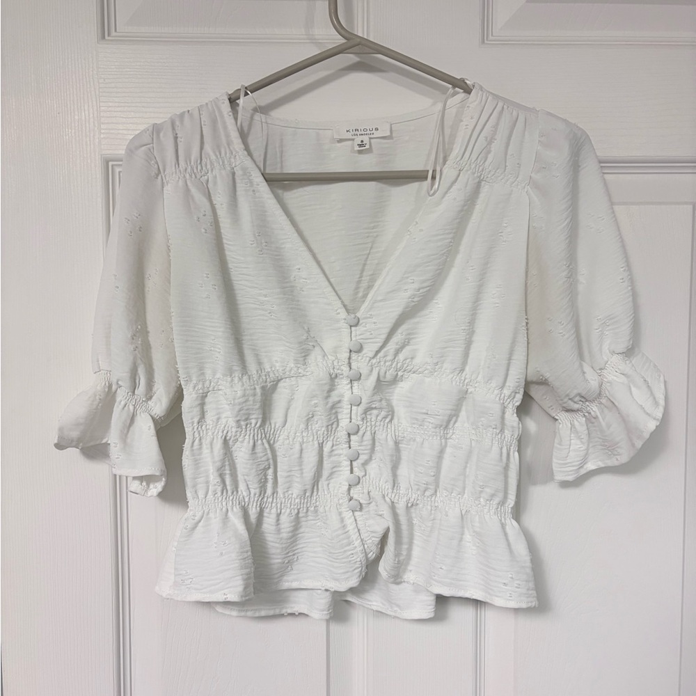 White Button-Front Ruffle Peplum Blouse - Picture 1 of 3